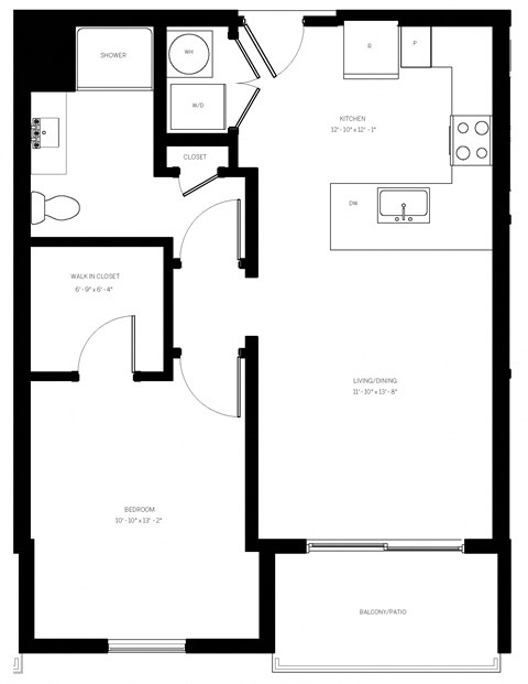 Floor plan for 1 bed, 1 bath, 712 sqft